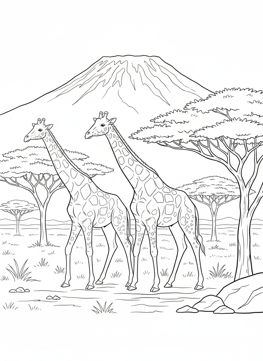 African safari scene with acacia trees on the savanna, Mount Kilimanjaro in the distance, and giraffes walking by.