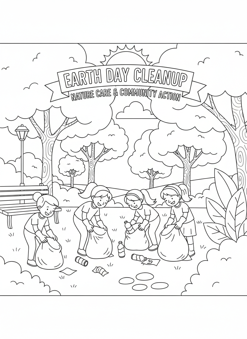 Earth Day coloring page prompts celebrating environmental awareness, nature care, and community action.	A community park cleanup on Earth Day, volunteers picking up litter while trees and grass surround them.