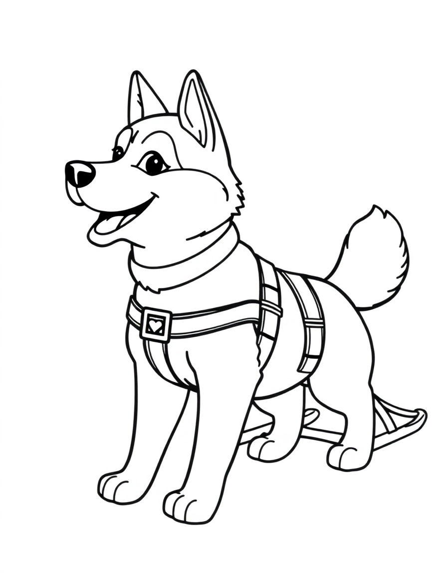 Husky Sled: A happy husky dog wearing a harness, ready to pull a sled, with a wagging tail.