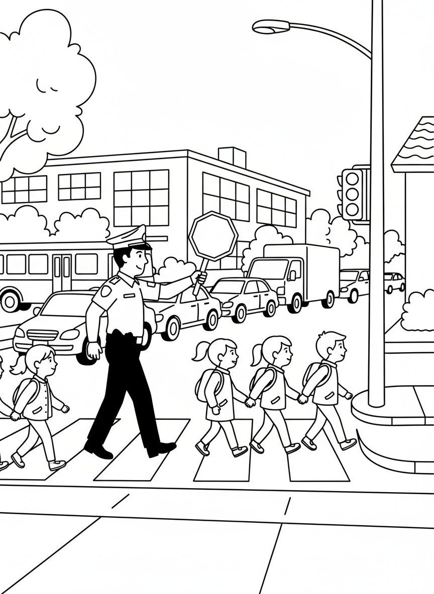 A police officer helping children safely cross a busy street near a school while traffic waits at the intersection.