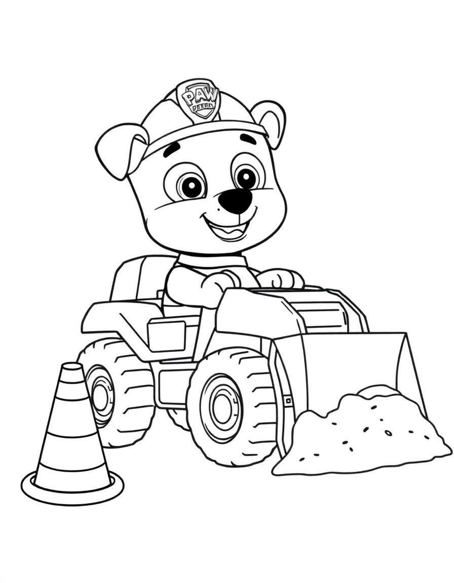 Rubble from paw patrol operating his bulldozer, scooping dirt to fix a road, with a construction cone next to him