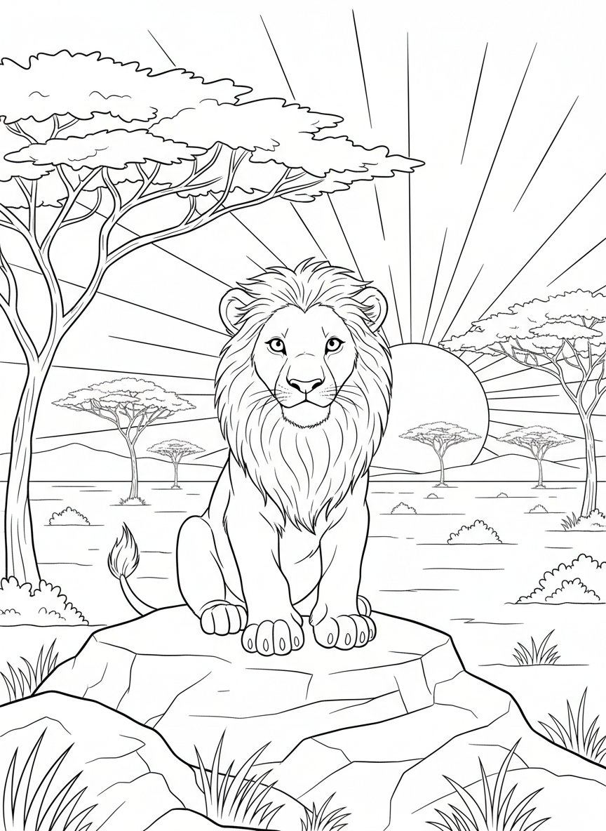 A lion cub with a fluffy mane sitting on a rock at sunset in the African savanna with acacia trees in the background