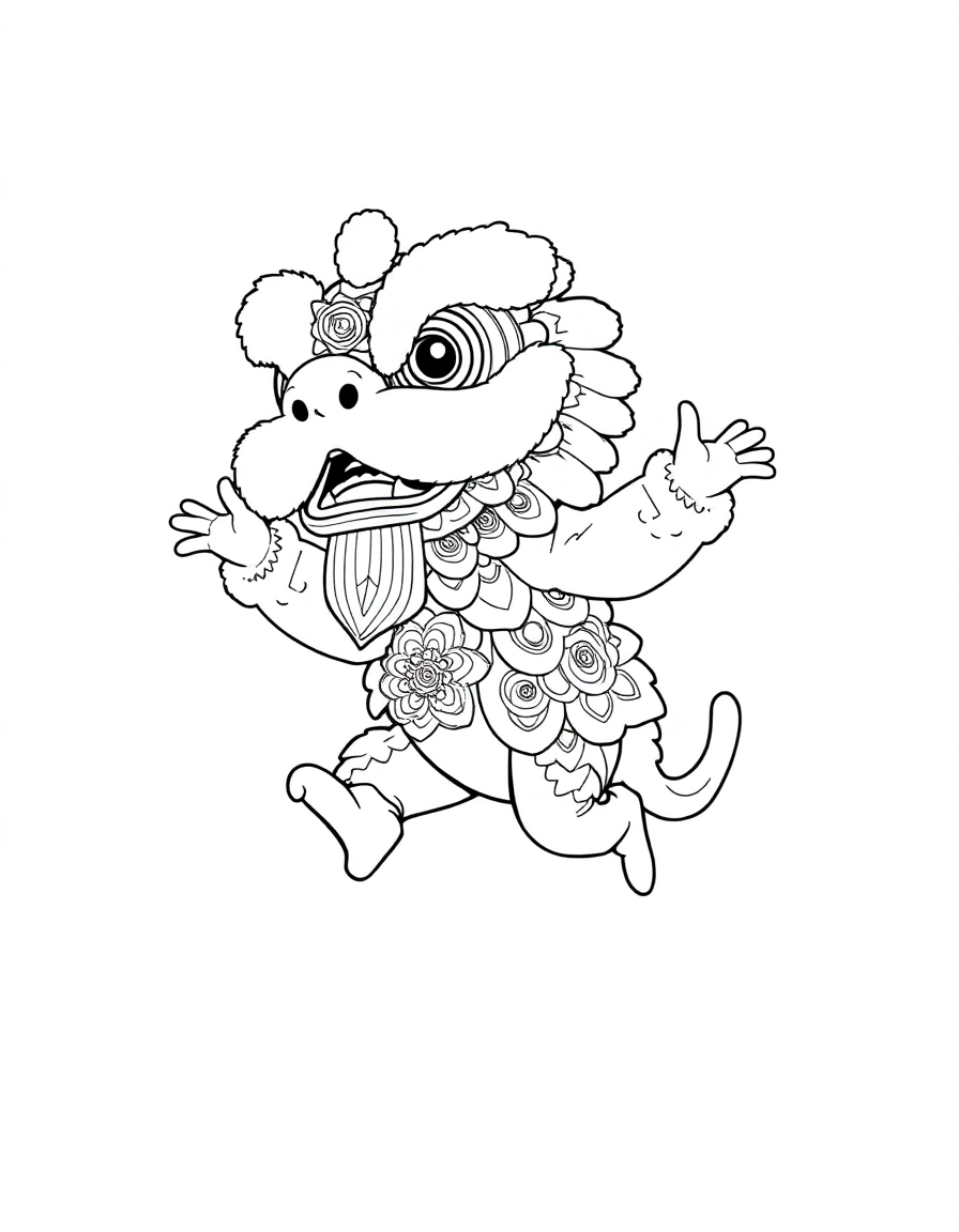 Lion Dance: A playful "Lion Dance" costume character (with the big head and fur) jumping for a head of lettuce.