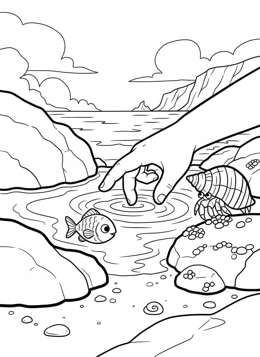 A curious child's hand gently touching the water of a tide pool while a small fish and hermit crab are visible below.
