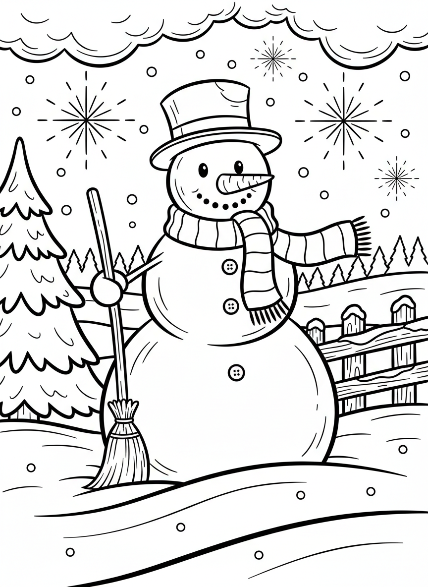 A large snowman wearing a scarf and hat in a snowy yard with snowflakes falling gently from clouds above, showing a winter snow day.