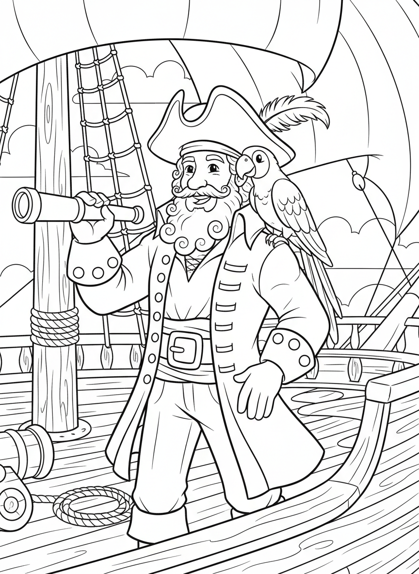 A friendly pirate captain standing on a ship deck with a parrot on his shoulder, wearing a tricorn hat and holding a telescope, simple line art for coloring