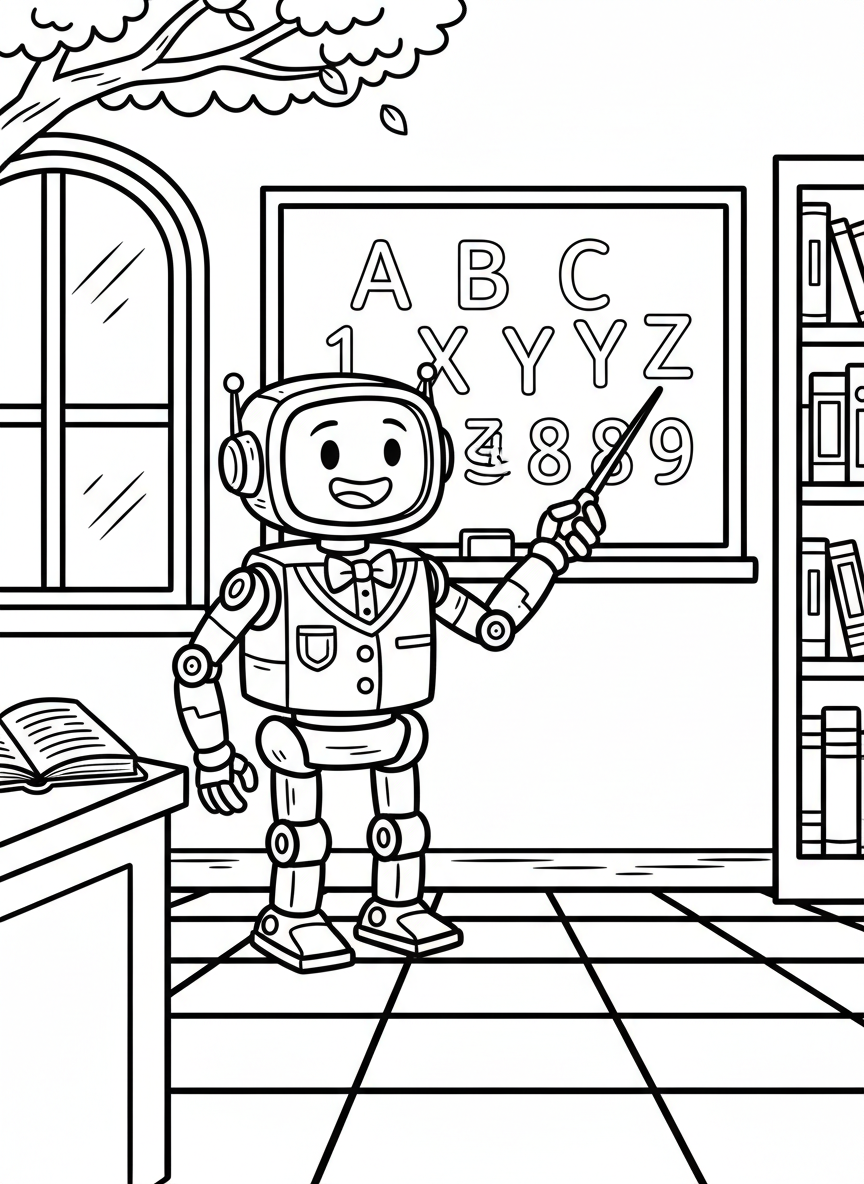 A robot teacher at a chalkboard pointing to numbers and letters, with a friendly screen face display.