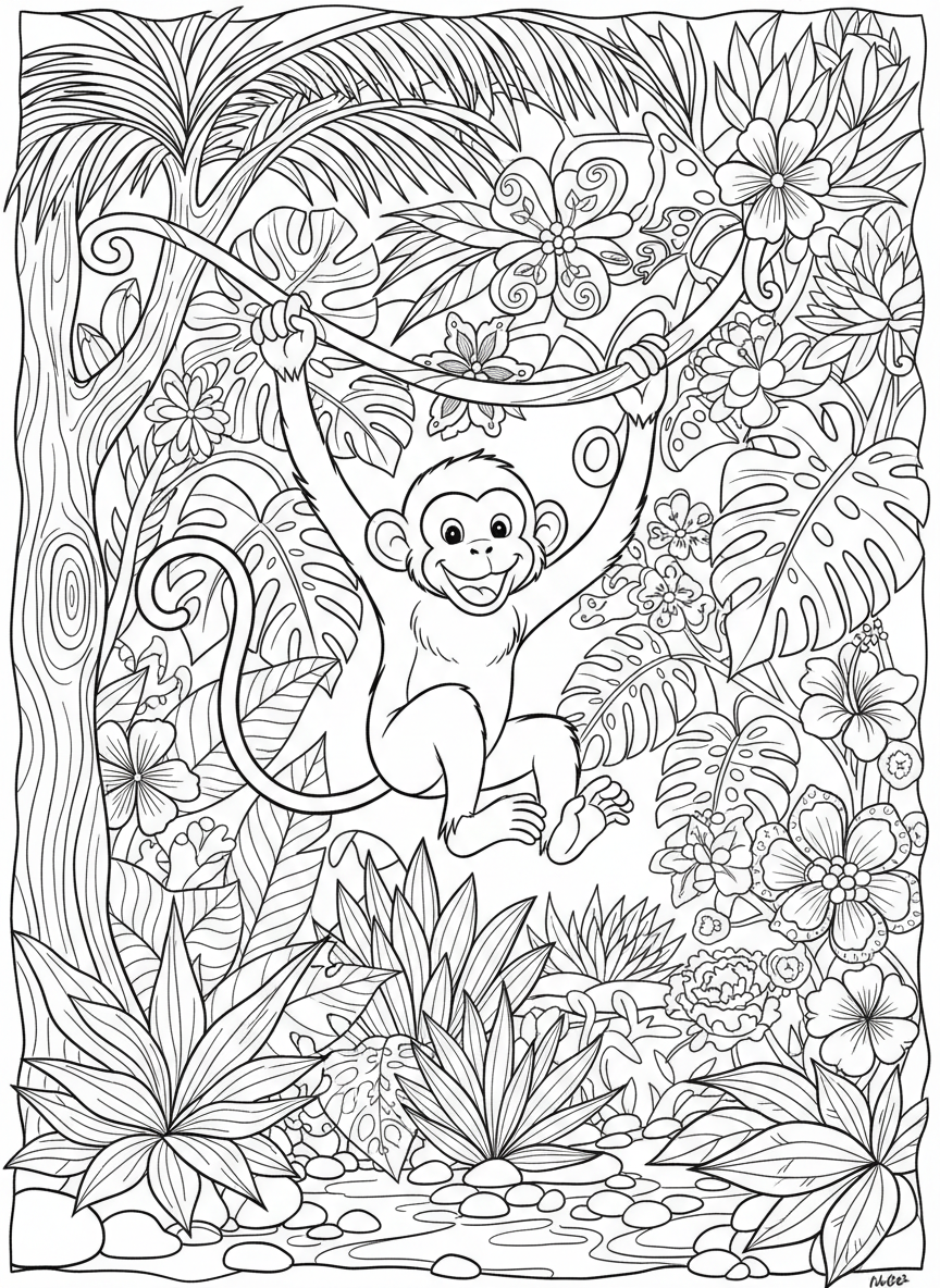A playful monkey swinging from a vine, with a long curly tail, happy face, and tropical flowers in the background.