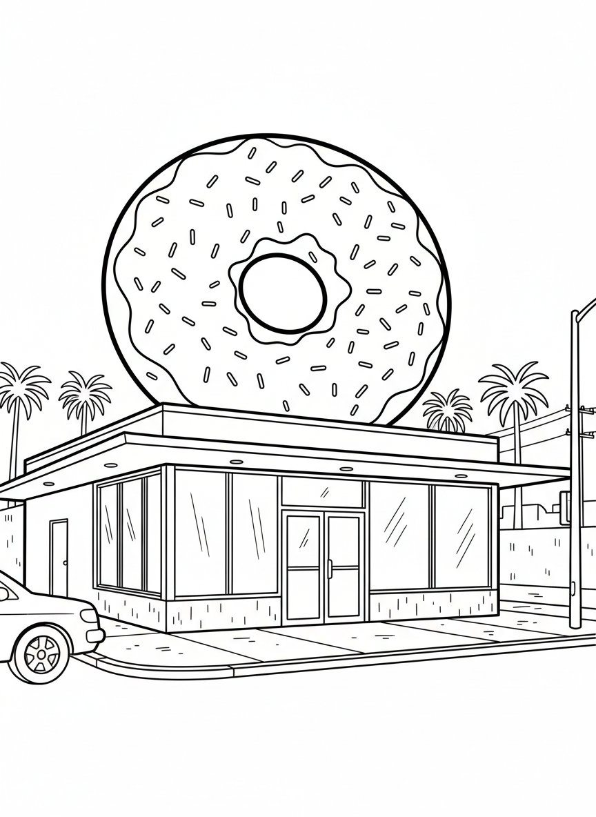 The iconic Randy's Donuts building with its giant rooftop donut, simple storefront design perfect for coloring