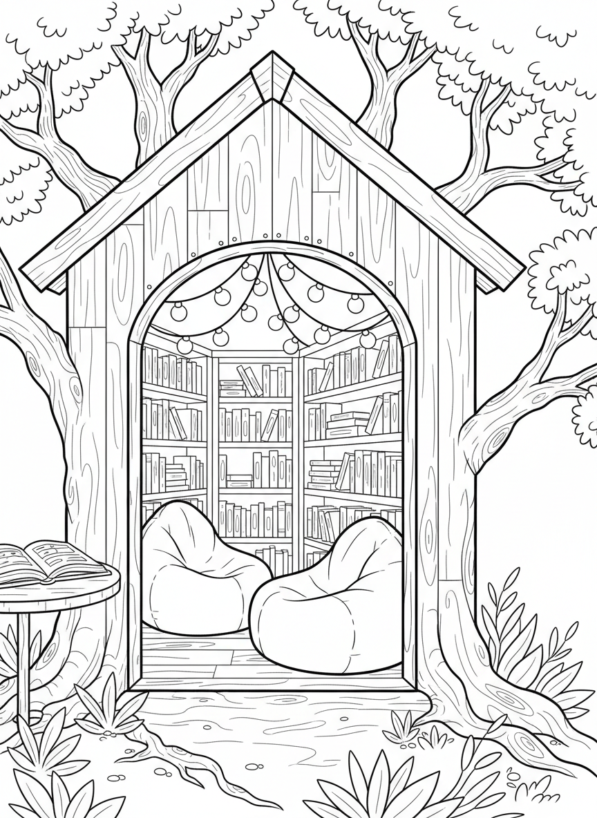 Cozy reading nook treehouse with bean bags visible through an open door, string lights hanging across the ceiling, and bookshelves inside.