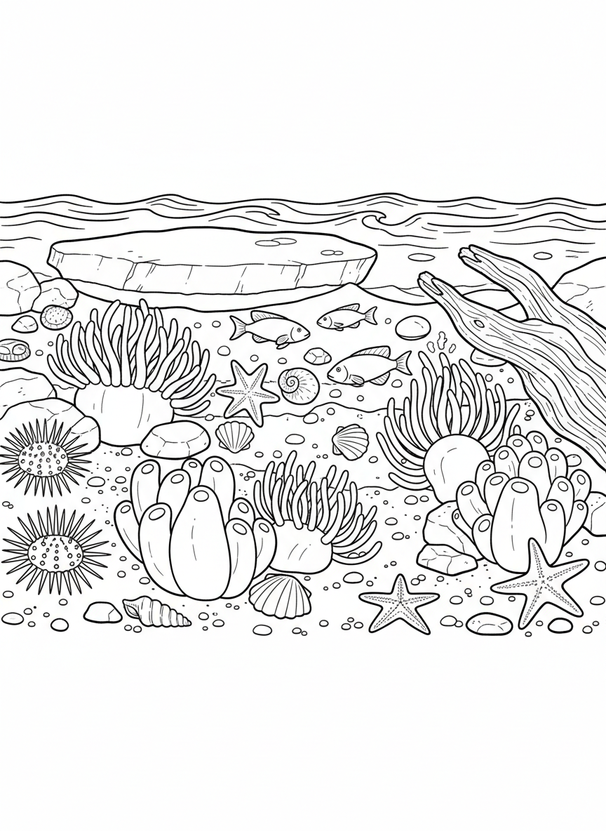 A tide pool scene showing anemones, small fish, and seashells scattered on the sandy bottom, wide landscape view