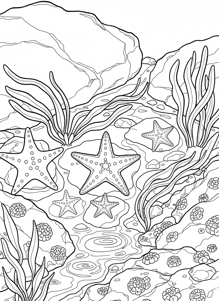 Multiple starfish of different sizes scattered across tide pool rocks with seaweed draped between them
