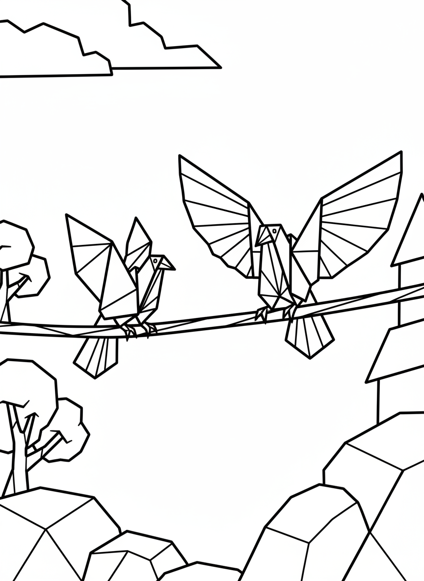 Two origami birds sitting on a wire, showing different wing positions, clean angular shapes perfect for coloring