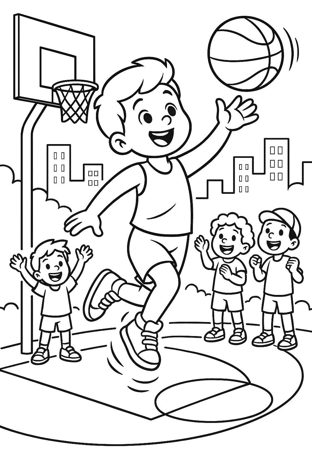 A young basketball player jumping to make a shot on an outdoor court, ball spinning mid-air, friends watching excitedly, sneakers glowing with motion, city buildings in the distance, bold shapes, lively expressions, and dynamic movement.