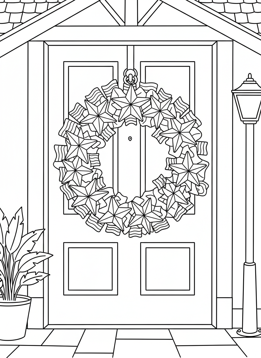 A decorative wreath made of stars, ribbons, and small flags arranged in a circle, perfect for a front door.