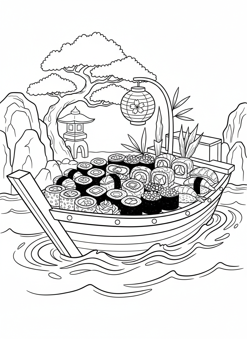 A festive sushi boat filled with assorted sushi rolls, nigiri, and garnishes for a celebration
