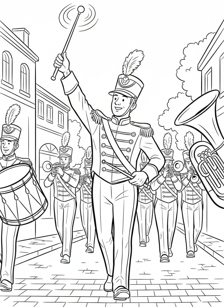 A marching band's drum major in a fancy uniform twirling a baton high in the air during the parade.