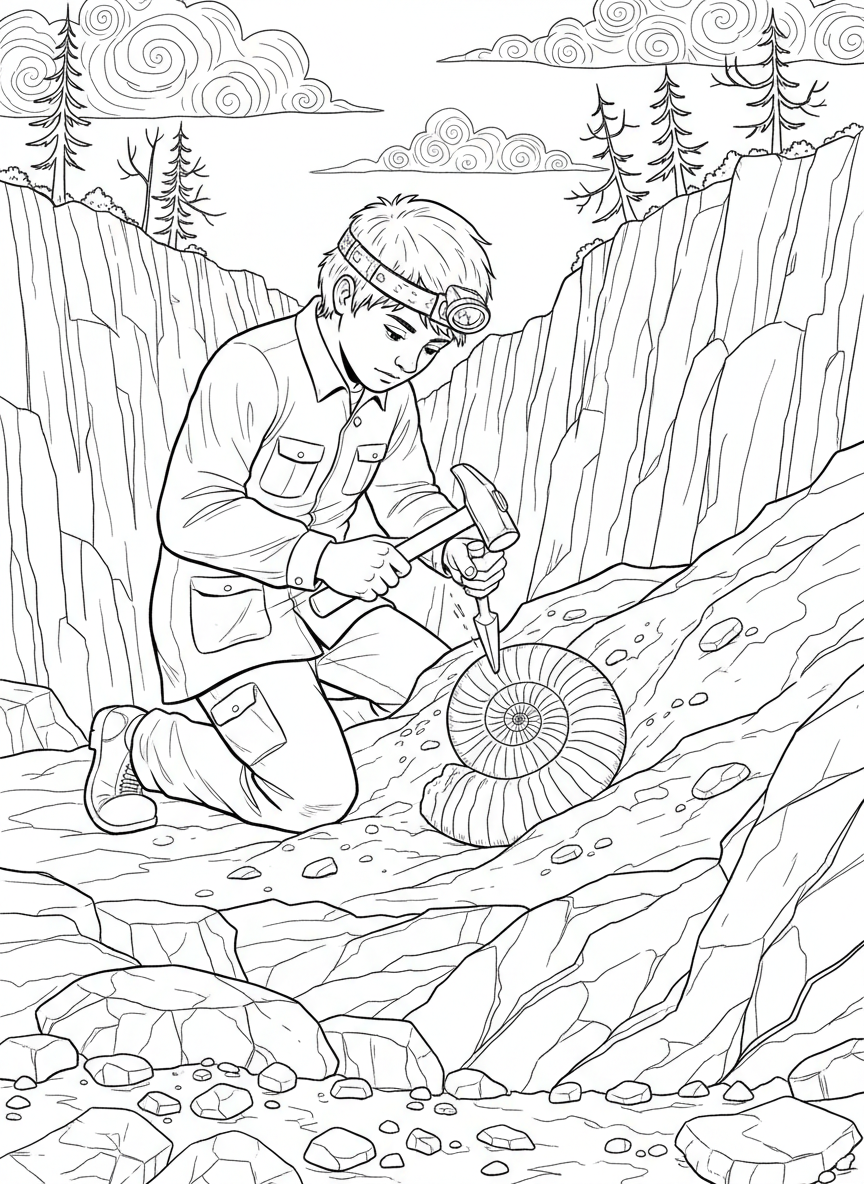 A young scientist using a chisel and hammer to carefully extract a fossil from surrounding rock