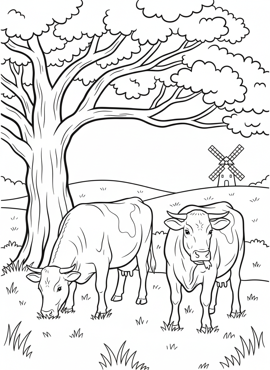 Two cows grazing peacefully under a large tree with rolling hills and a windmill in the distance.