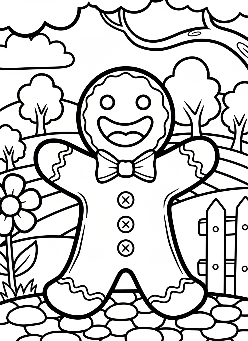 A smiling gingerbread person wearing a bow tie and buttons, standing with arms outstretched in a welcoming pose.