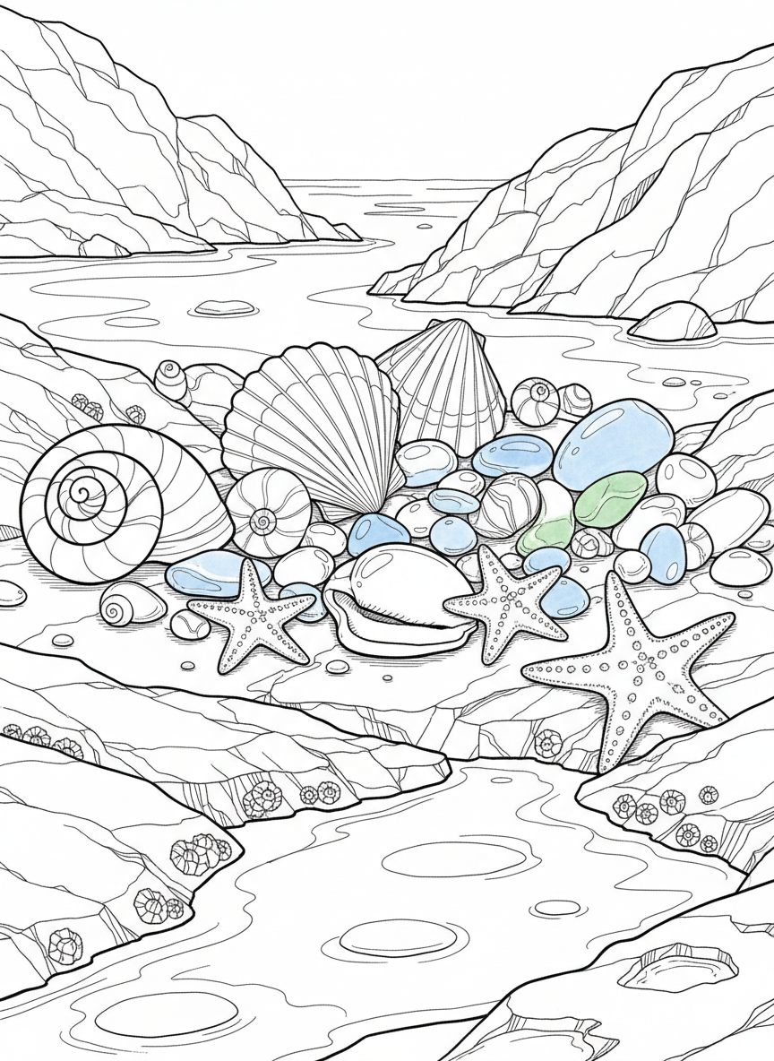 A collection of different seashells, sea glass, and small starfish arranged on tide pool rocks after the waves recede.