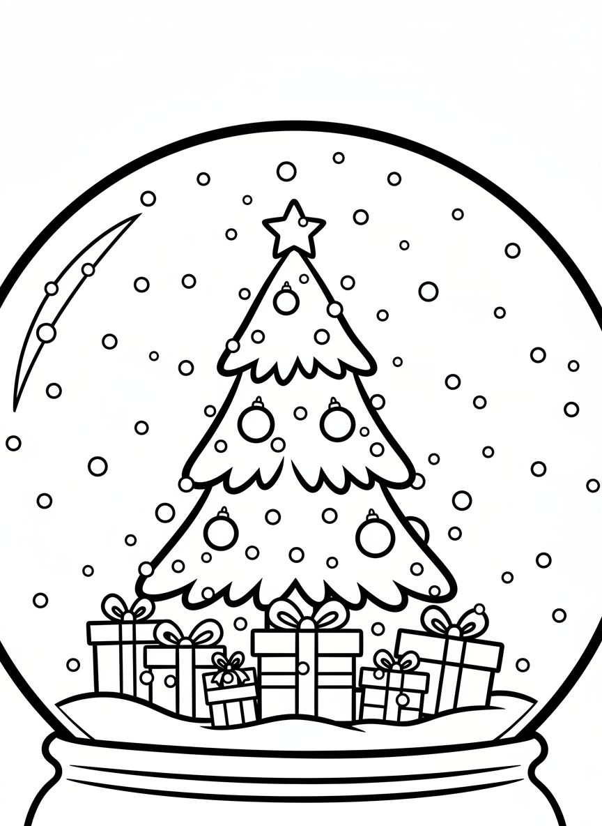 A close-up view of a snow globe featuring a single decorated Christmas tree with presents underneath, snow particles suspended in the air.