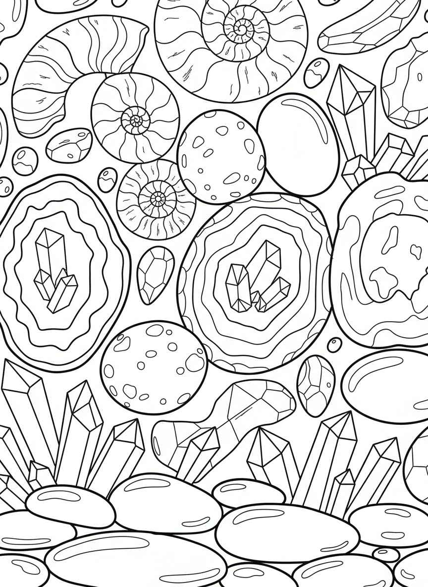 Simple line drawing of various rock and mineral shapes: geodes, crystals, ammonite fossils, and polished stones arranged in a pattern.