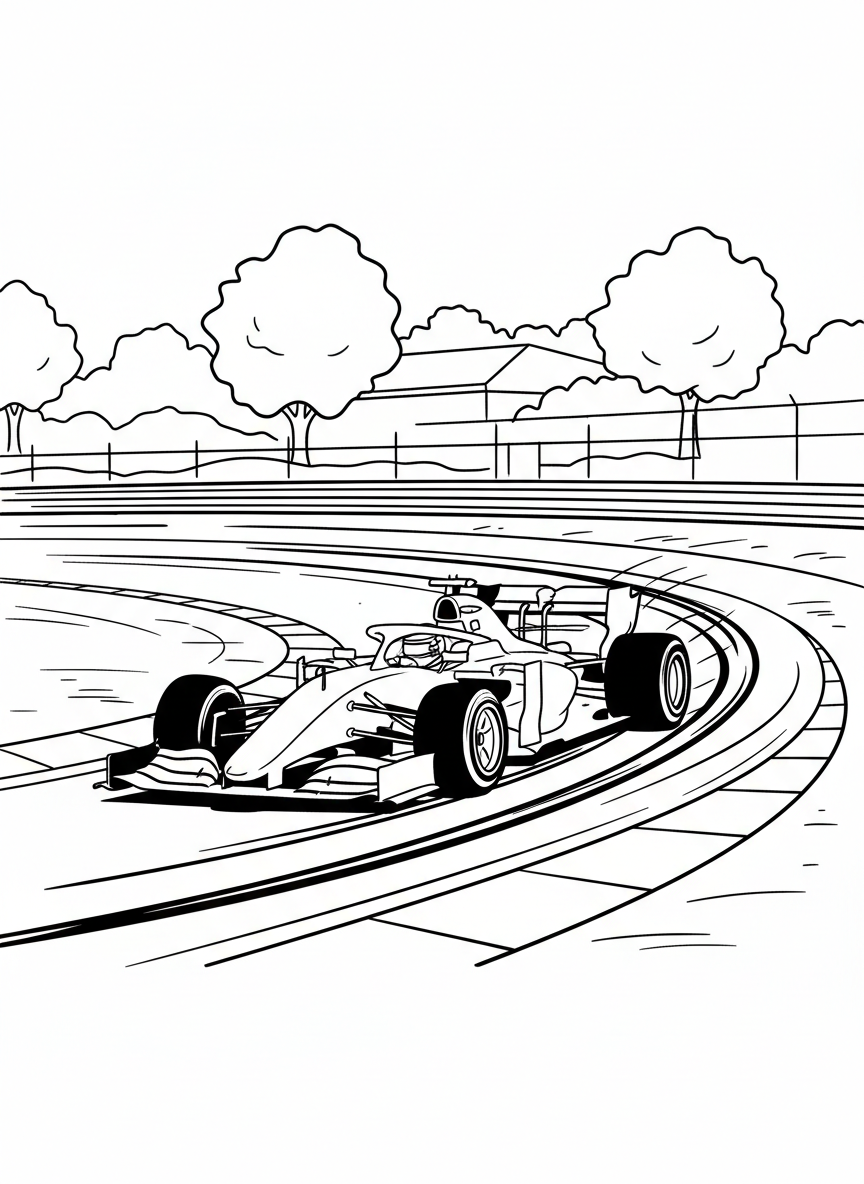 A race car speeding through turn one with motion lines behind it, tire marks on the track surface showing the racing line.