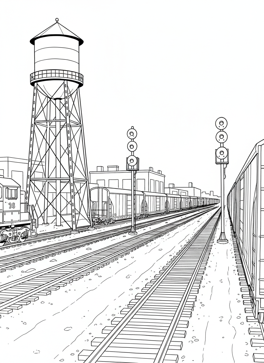 A train yard scene showing multiple trains on parallel tracks with a water tower and signal lights