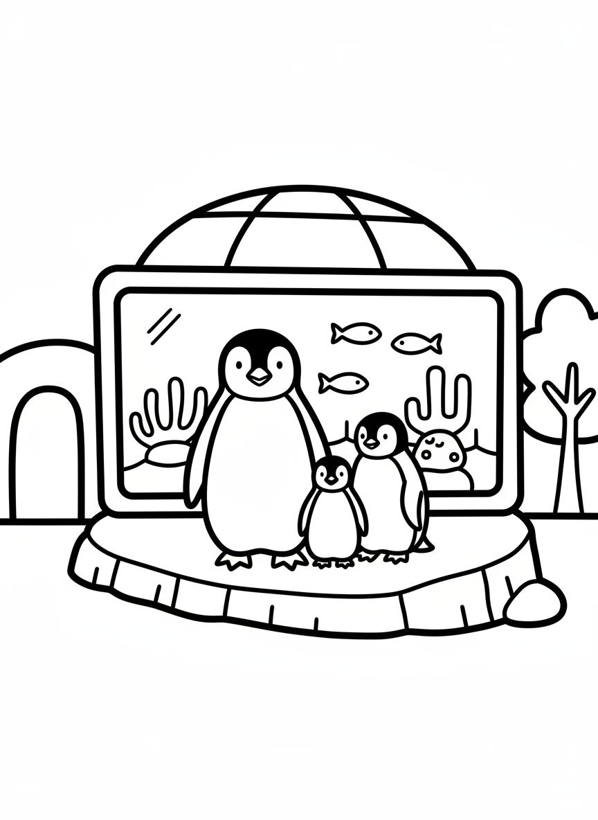 A family of penguins standing together at the zoo aquarium exhibit, simple shapes perfect for young children