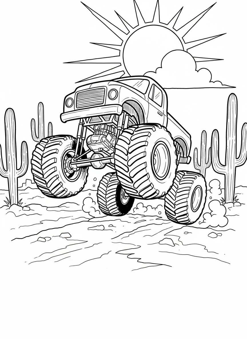 A monster truck performing a wheelie trick, front wheels high in the air, desert landscape with cacti and sun.