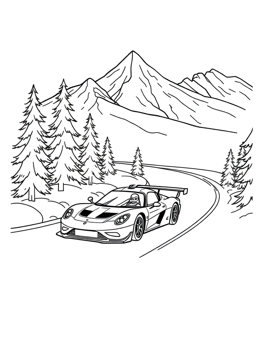 A race car speeding on a winding mountain road, with pine trees and snow-capped peaks in the background