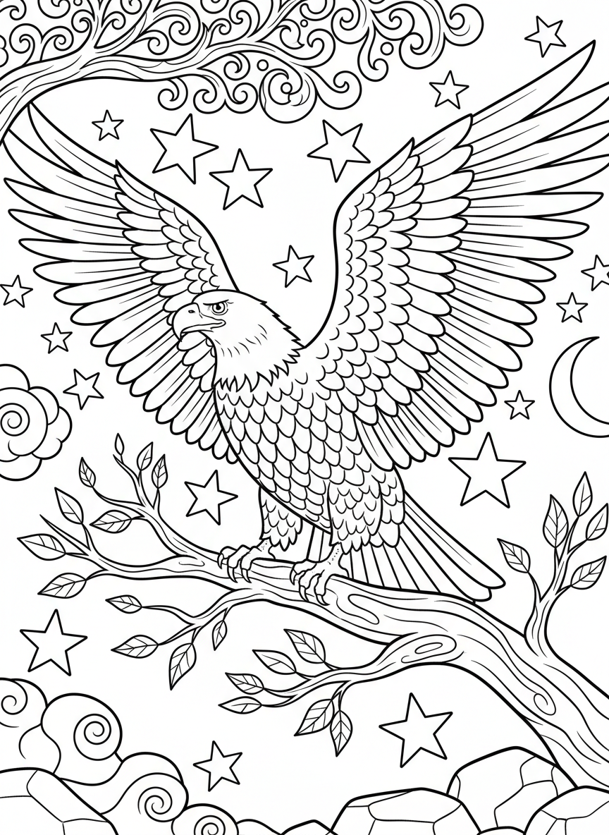 A bald eagle perched on a branch with spread wings, surrounded by stars, simple line art for coloring