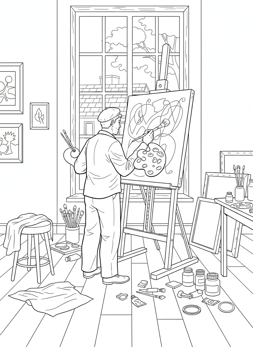 An artist painting on a large canvas with a palette and brushes, standing in a studio with paint supplies and easel.