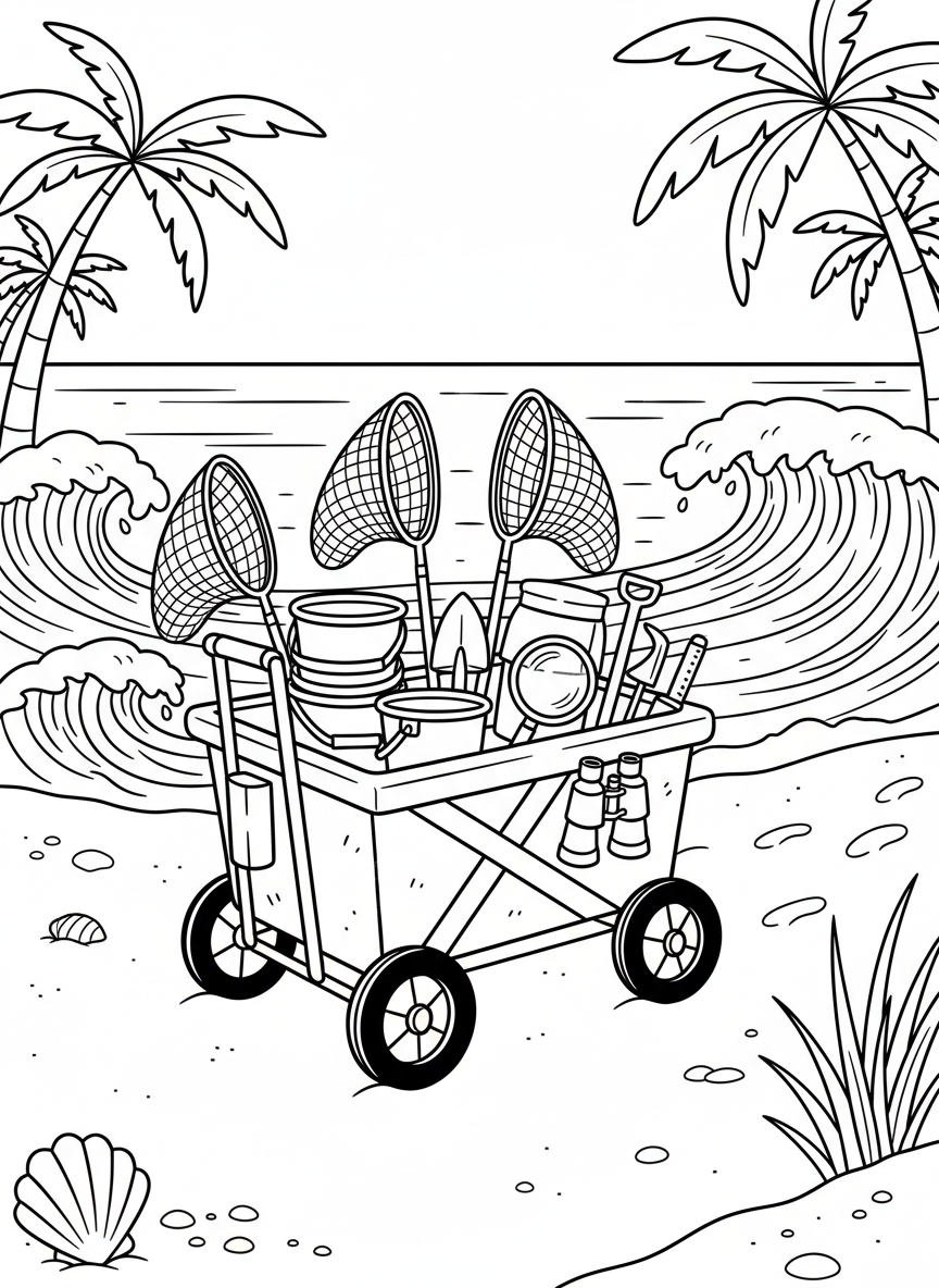 A wheeled beach cart loaded with multiple buckets, nets of different sizes, and exploration tools heading toward the ocean.