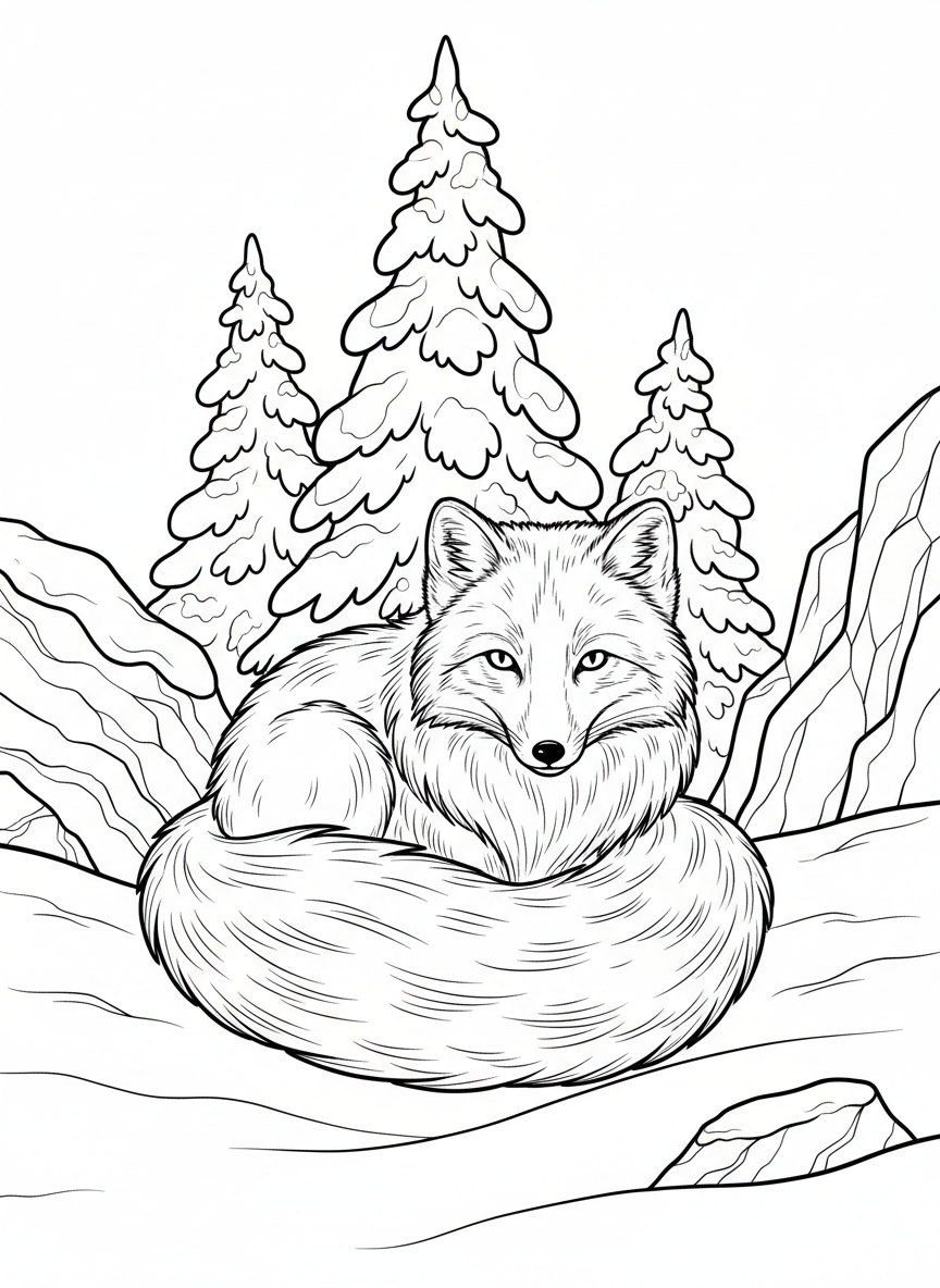An Arctic fox with a fluffy tail curled around its body, sitting in the snow with detailed fur texture suitable for coloring