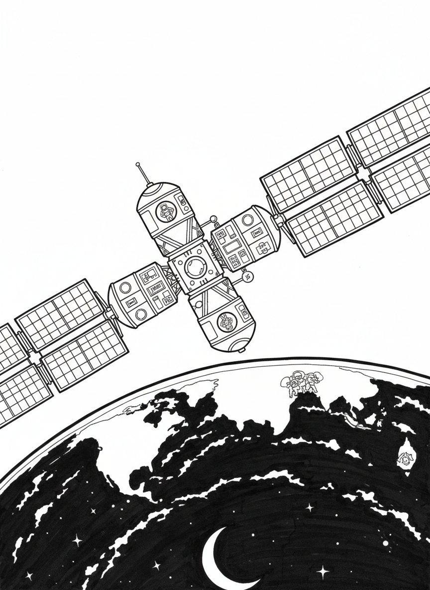A space station orbiting Earth with solar panels extended, showing windows where astronauts can be seen working inside