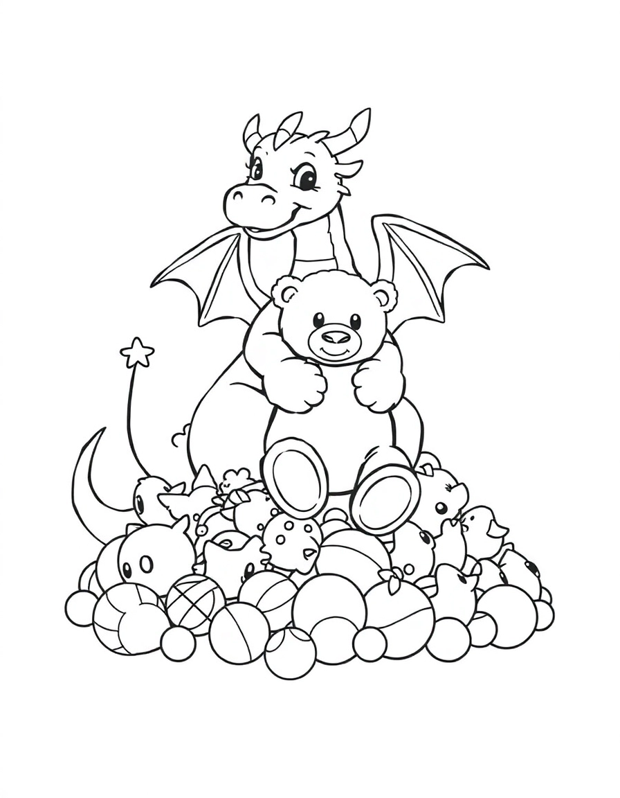 The Treasure Hoard: A dragon sitting proudly atop its "treasure," which isn't gold, but a pile of toys, teddy bears, rubber ducks, and colorful balls. It is hugging a large teddy bear.