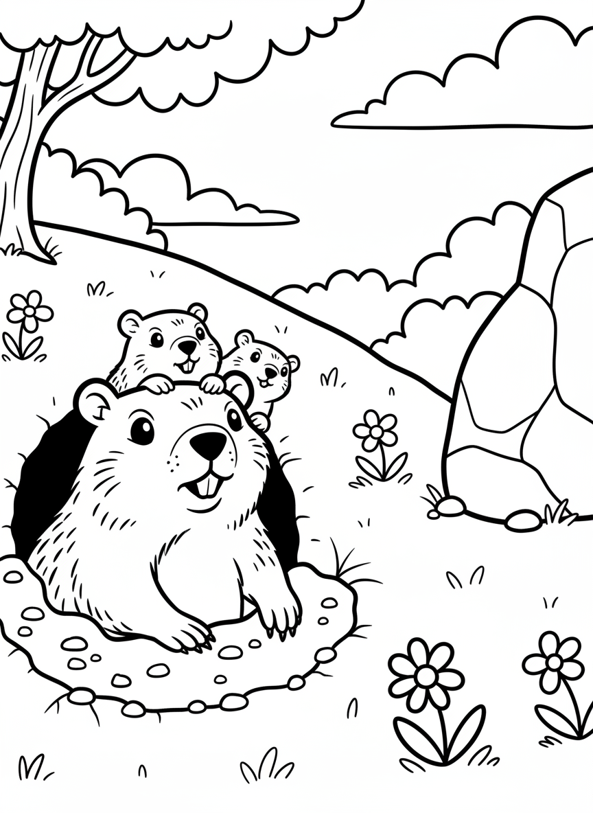 A groundhog family scene with a parent and two baby groundhogs peeking out from their underground home, simple and sweet