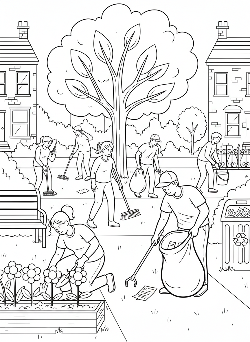 A neighborhood cleanup day where volunteers plant flowers, pick up litter, and improve public spaces together.