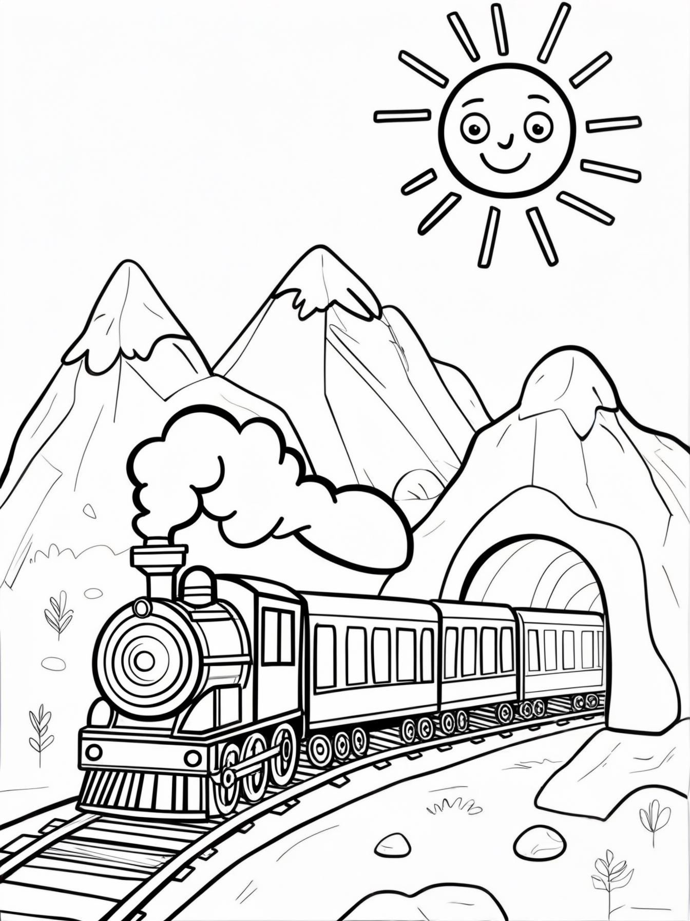 Scenic Route: A train traveling through a simple mountain tunnel, with a smiling sun peeking over the mountain.