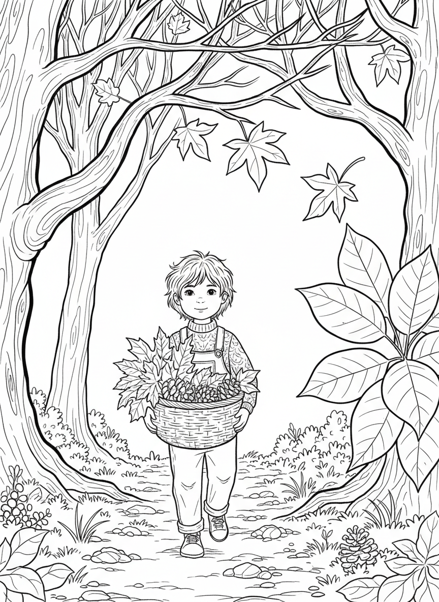 A child collecting interesting leaves and pinecones in a basket while walking through an autumn forest trail.