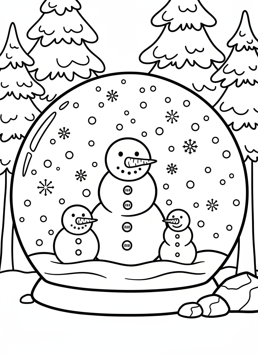 A snow globe containing a friendly snowman family of three different sizes, with buttons and carrot noses, snow falling around them.