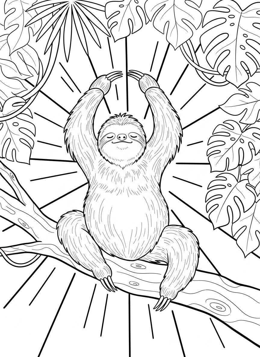 A sloth doing a yoga-like stretch on a branch, with sun rays peeking through the canopy leaves above