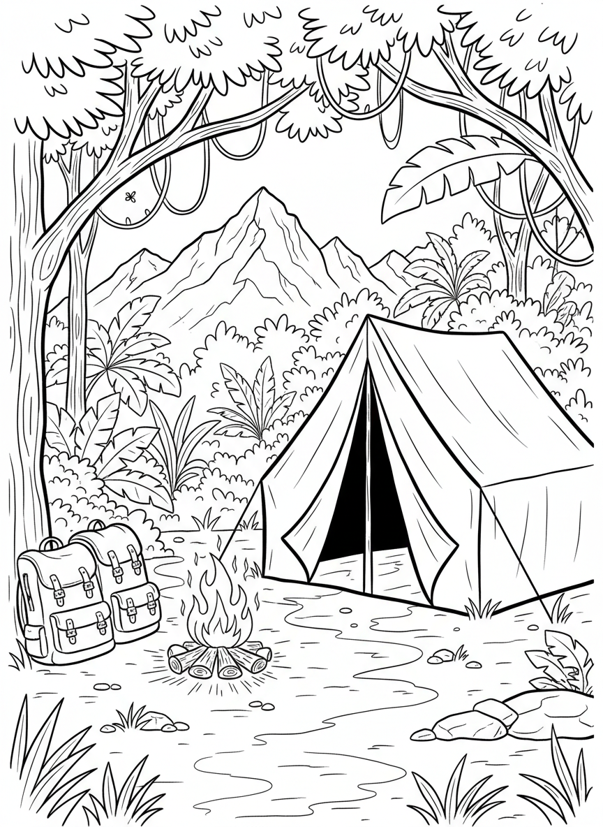 Safari campsite in a jungle clearing with a tent, campfire, and backpacks, mountains visible in the distance.