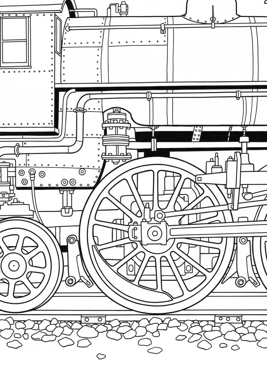 A detailed close-up of train wheels, connecting rods, and mechanical parts on the side of a steam locomotive