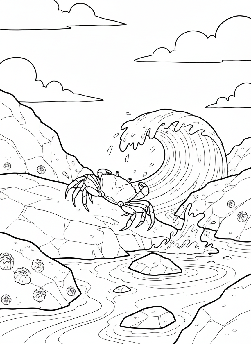 Action scene of a small shore crab scuttling sideways across rocks as a gentle wave splashes behind it, dynamic but simple composition