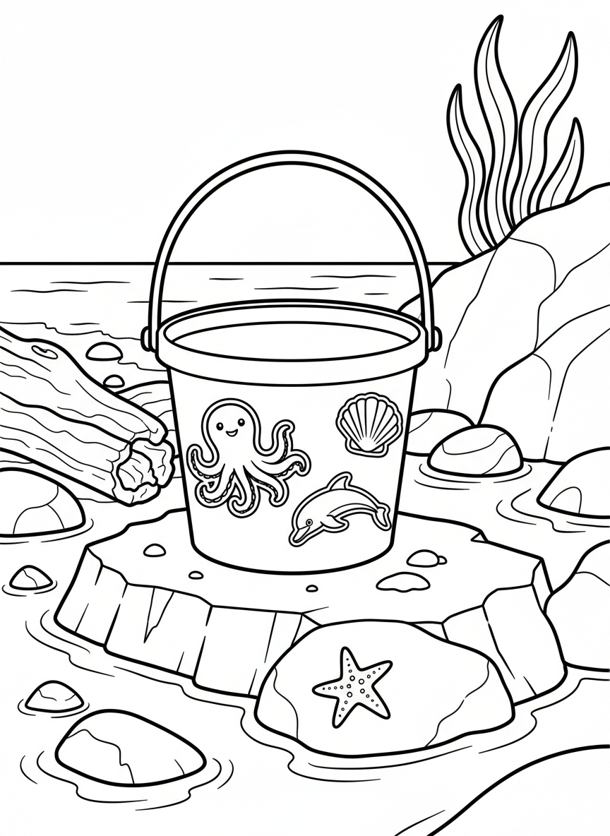 A sturdy exploration bucket with handle decorated with ocean-themed stickers, sitting on rocky tide pool edge