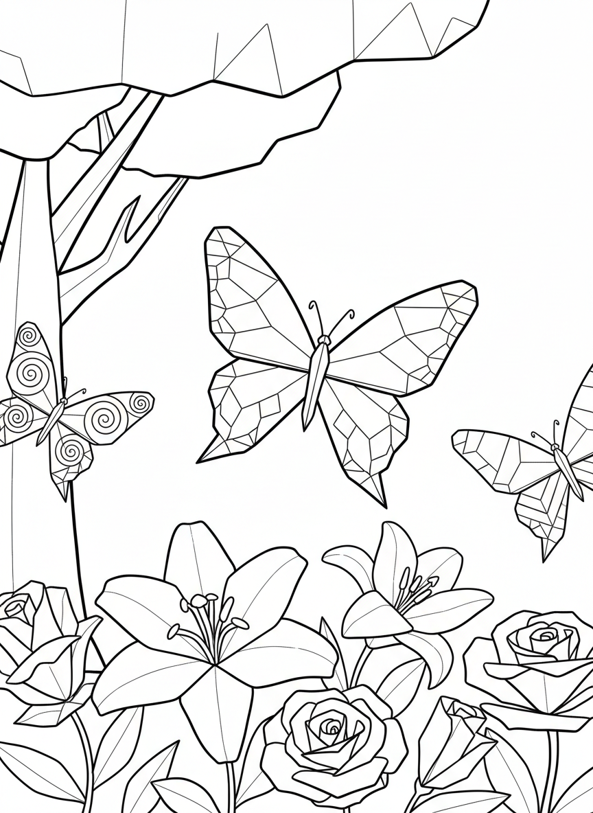 A group of three origami butterflies with symmetrical geometric wing patterns, flying above simple folded flowers