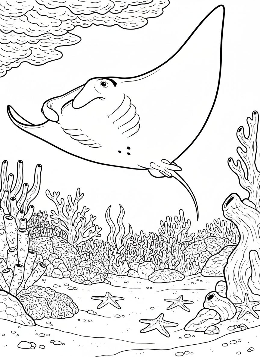 A majestic manta ray gliding over a coral garden filled with different shaped corals and starfish on the sandy bottom